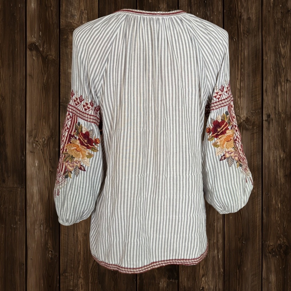 Johnny Was Embroidered Artemis Peasant Top Sz S 42" Bust Striped Art to Wear - Picture 10 of 12